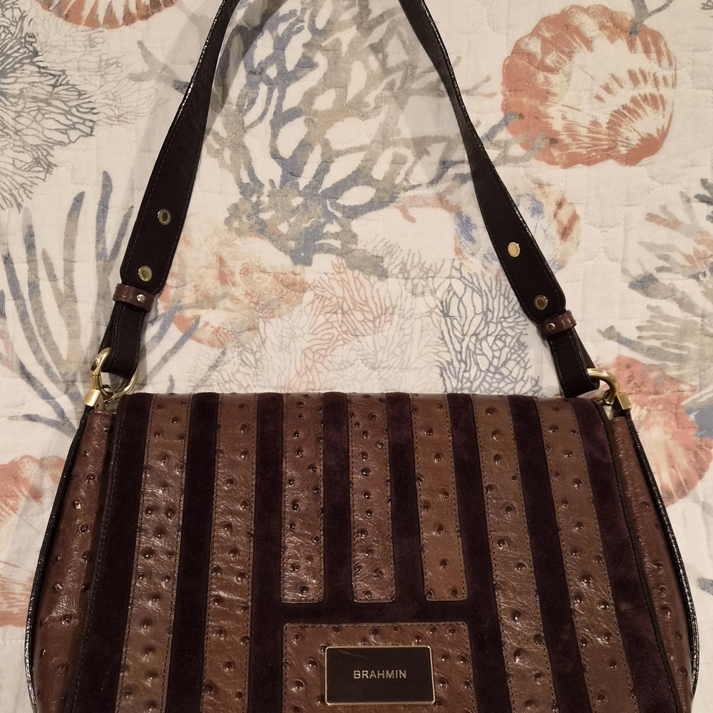 Brahmin Brown Suede And Ostrich Shoulder Bag